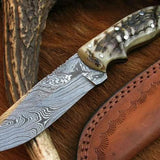 Custom Handmade Deer Hunting Knife with Damascus Steel Blade