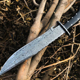 "Best Hunting Big Bowie Knife | Full Tang Raindrop Damascus Blade | Canvas Micarta & Damascus Guard Handle | 17 Inches | Leather Sheath | KBS Knives Store"