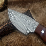 Damascus Steel Drop Point Skinning Knife with Bone and Rosewood Handle – 7 Inch Overall Length