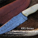 Custom Handmade Damascus Deer Hunting Knife | 10 Inches | Bone Handle | KBS Knives Store