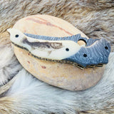 Custom Handmade Damascus Steel Engraved Folding Pocket Knife with Hand-Engraved Bone Handle and Leather Case