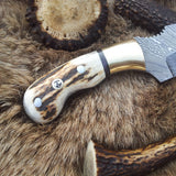 Custom Damascus Steel Field Dressing Deer Skinny Knife – 7.25 Inch Drop Point Blade with Antler Horn Handle and Brass Bolster