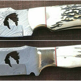 Custom Handmade Deer Hunting Knife with Wolf Wirecut Damascus Blade