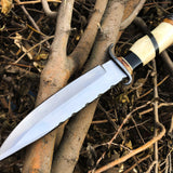Top Quality Hunting Bowie Knife | D2 Steel Blade | Bone, Buffalo, Wood Handle with Damascus Guard | 13 Inches | Leather Sheath | KBS Knives Store