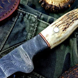 Handmade Damascus Steel Fillet Boning Knife with Antler Horn and Damascus Bolster Handle