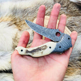 Custom Handmade Damascus Steel Engraved Folding Pocket Knife with Hand-Engraved Bone Handle and Leather Case