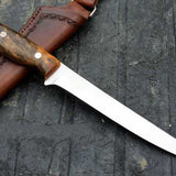 KBS Knives Store Handmade D2 Steel Fillet Boning Knife with Burly Rosewood Handle and Leather Sheath - 13 Inch Overall Length