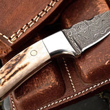 Custom Handmade Damascus New Zealand Red Stag Antler Handle Mini Skinning EDC Small Skinner Neck Knife