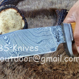 Custom Handmade Damascus Hunting Knife | Olivewood Handle with Damascus Guard | 12 Inches | Leather Sheath | KBS Knives
