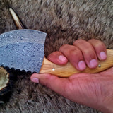 Raindrops Damascus Steel Gut Hook Skinning Knife – 9 Inch Overall Length with Olive Wood Handle