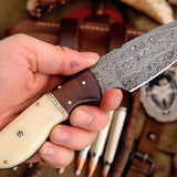 Custom Handmade Damascus Deer Skinning Knife – Rosewood & Bone Handle, 8.5" with Leather Sheath