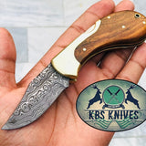 Custom Handmade Damascus Steel New Folding Pocket Knife with Rosewood Handle and Leather Case by KBS Knives Store.
