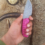 Exotic Pink Pakka Wood Damascus Steel Drop Point Skinning Knife – 7 Inch Overall Length