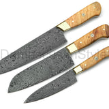 Custom Handmade Raindrop Damascus Steel 3/Pcs Kitchen/Chef knives Set