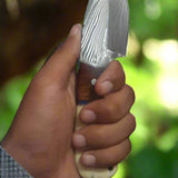 Custom Damascus Steel Field Dressing Deer Skinning Knife – 7.5 Inch Drop Point Blade with Bone and Rosewood Handle
