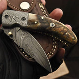 Everyday Carry Damascus Steel Folding Pocket Knife - Sheep Horn Handle