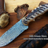 Custom Handmade Damascus Steel Sheep-Horn Hunting/Skinning/Camping Knife