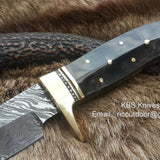 Custom Handmade 9-Inch Damascus Fixed-Blade Hunting Knife with Buffalo Horn Handle & Brass Guard | KBS Knives Store
