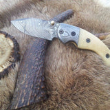 Everyday Carry Damascus Steel Folding Pocket Knife with Bone Handle & Damascus Bolster
