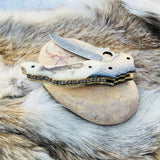 Custom Handmade Damascus Steel Engraved Folding Pocket Knife with Hand-Engraved Bone Handle and Leather Case
