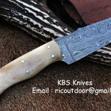 Custom Handmade Damascus Deer Hunting Knife | 10 Inches | Bone Handle | KBS Knives Store