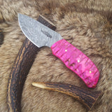 Exotic Pink Pakka Wood Damascus Steel Drop Point Skinning Knife – 7 Inch Overall Length