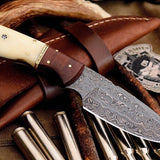 Custom Handmade Damascus Deer Skinning Knife – Rosewood & Bone Handle, 8.5" with Leather Sheath