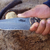 Custom Handmade Damascus Hunting Knife | Full Tang Damascus Steel with Sheep Horn Handle | 9.5 Inches | Leather Sheath | KBS Knives