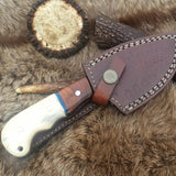 Damascus Steel Drop Point Skinning Knife with Bone and Rosewood Handle – 7 Inch Overall Length