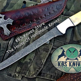 KBS Knives Store Handmade Damascus Steel Fillet Boning Knife with Bone and Steel Bolster Handle and Leather Sheath