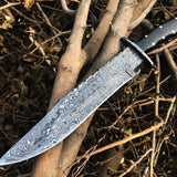 "Best Hunting Big Bowie Knife | Full Tang Raindrop Damascus Blade | Canvas Micarta & Damascus Guard Handle | 17 Inches | Leather Sheath | KBS Knives Store"