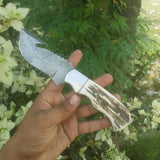 Custom Handmade Damascus Steel Elk Antler Guthook Knife