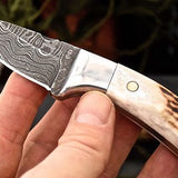 Custom Handmade Damascus New Zealand Red Stag Antler Handle Mini Skinning EDC Small Skinner Neck Knife
