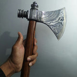 Damascus Steel Handmade Custom Viking Smoke Pine Tomahawk Axe with Rosewood Handle and Leather Sheath - By KBS Knives Store