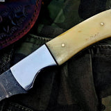 KBS Knives Store Handmade Damascus Steel Fillet Boning Knife with Bone and Steel Bolster Handle and Leather Sheath