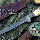 Handmade Damascus Steel Fillet Boning Knife with Antler Horn and Damascus Bolster Handle