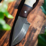 Custom Damascus Steel Field Dressing Deer Skinning Knife – 7.5 Inch Drop Point Blade with Bone and Rosewood Handle