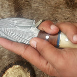 Damascus Steel Drop Point Skinning Knife with Bone and Rosewood Handle – 7 Inch Overall Length