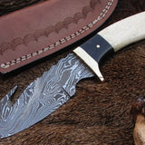 Hunter's Fixed Blade Guthook Knife - Damascus Steel & Water Buffalo Horn/Camel Bone Handle