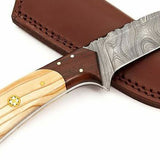 Custom Handmade Small Hunting Knife in Damascus Steel with Olivewood and Rosewood Handle