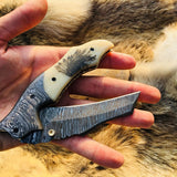 Custom Handmade Damascus Steel Engraved Folding Pocket Knife with Hand Engraved Bone Handle and Leather Case by KBS Knives Store