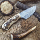 Custom Damascus Steel Field Dressing Deer Skinning Knife with Antler Horn Handle – 7 Inch Drop Point Blade