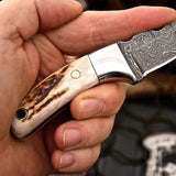 Custom Handmade Damascus New Zealand Red Stag Antler Handle Mini Skinning EDC Small Skinner Neck Knife