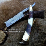 Antique Straight Razor with Damascus Steel Blade and Bone, Rosewood, and Brass Bolsters Handle - Includes Leather Case - Available Exclusively at KBS Knives Store