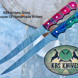 Damascus Steel Handmade Fillet Boning Knife with Exotic Color Wood Handles, 13 Inches with Leather Sheath by KBS Knives Store