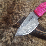 Exotic Pink Pakka Wood Damascus Steel Drop Point Skinning Knife – 7 Inch Overall Length
