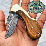 Custom Handmade Damascus Steel New Folding Pocket Knife with Rosewood Handle and Leather Case by KBS Knives Store.