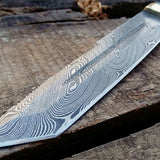 Handcrafted Tanto Hunting Knife in Damascus Steel with Blood Groove