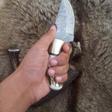 Custom Damascus Steel Field Dressing Deer Skinny Knife – 7.25 Inch Drop Point Blade with Antler Horn Handle and Brass Bolster