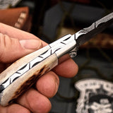 Custom Handmade Damascus New Zealand Red Stag Antler Handle Mini Skinning EDC Small Skinner Neck Knife